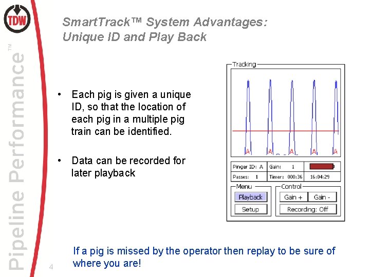Smart. Track™ System Advantages: Unique ID and Play Back • Each pig is given