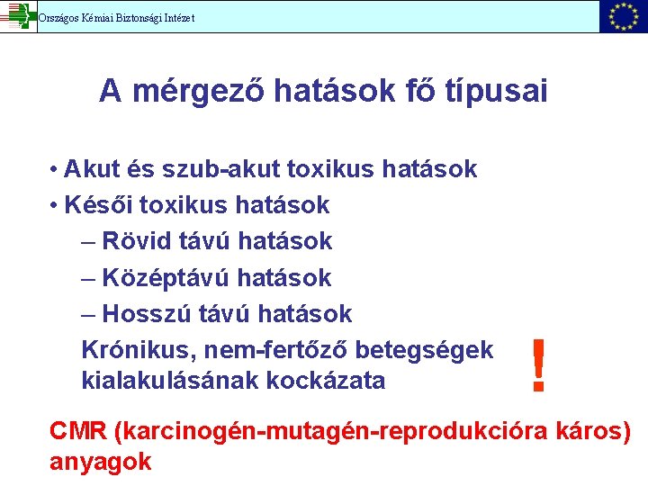 Országos Kémiai Biztonsági Intézet A mérgező hatások fő típusai • Akut és szub-akut toxikus