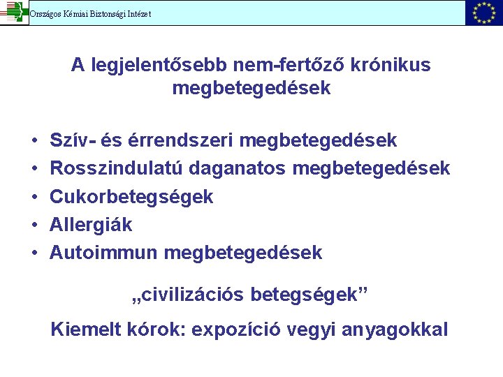 Országos Kémiai Biztonsági Intézet A legjelentősebb nem-fertőző krónikus megbetegedések • • • Szív- és