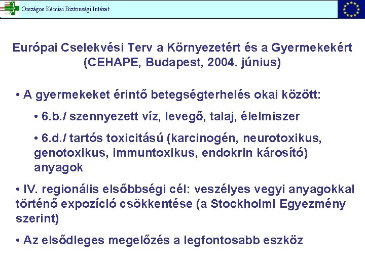 Országos Kémiai Biztonsági Intézet Európai Cselekvési Terv a Környezetért és a Gyermekekért (CEHAPE, Budapest,