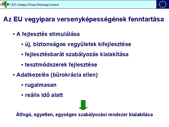 OKK-Országos Kémiai Biztonsági Intézete Az EU vegyipara versenyképességének fenntartása • A fejlesztés stimulálása •