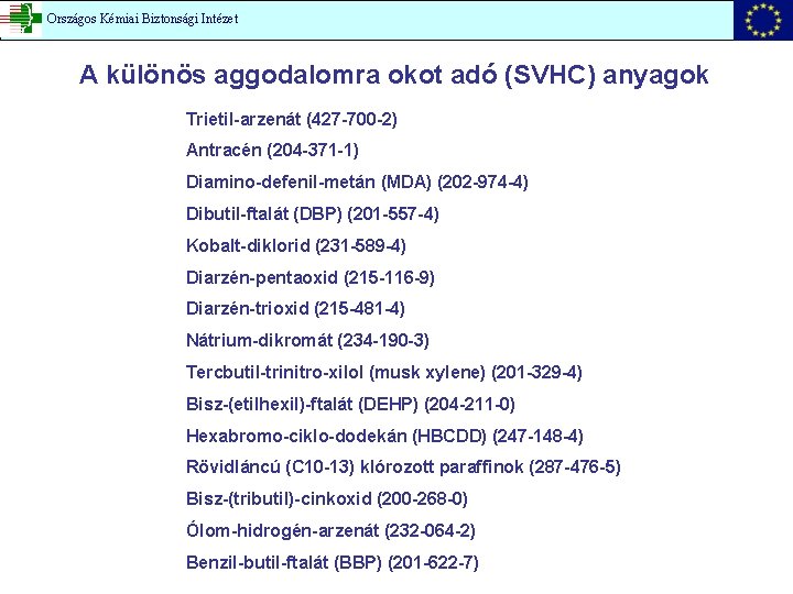 Országos Kémiai Biztonsági Intézet A különös aggodalomra okot adó (SVHC) anyagok Trietil-arzenát (427 -700