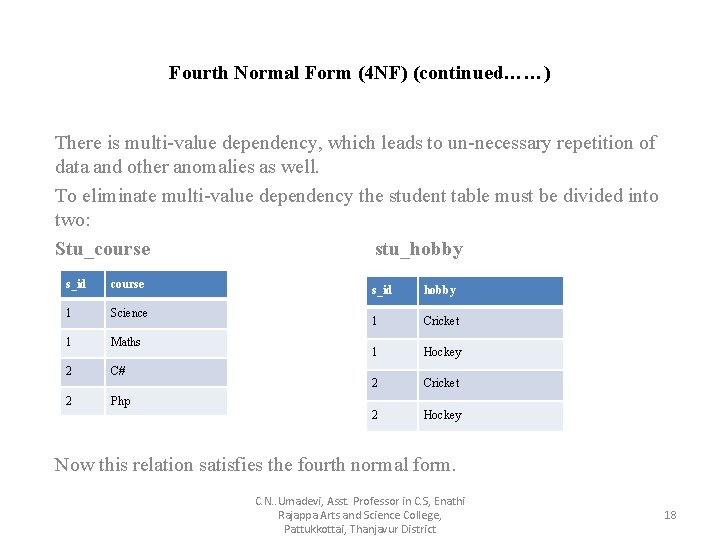 Fourth Normal Form (4 NF) (continued……) There is multi-value dependency, which leads to un-necessary