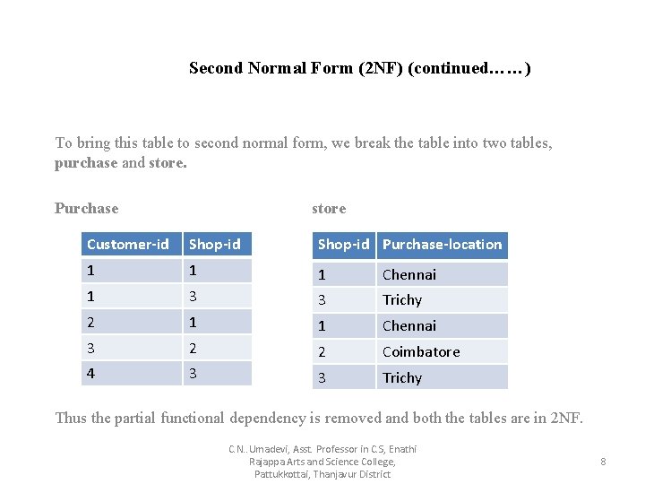 Second Normal Form (2 NF) (continued……) To bring this table to second normal form,