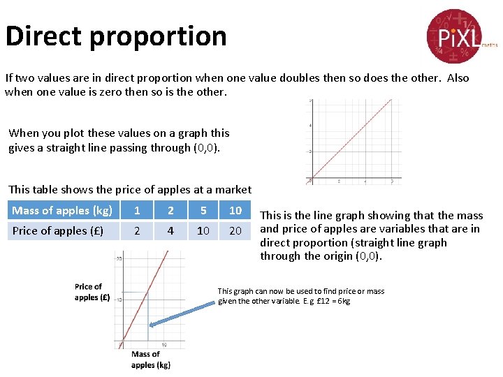 Direct proportion If two values are in direct proportion when one value doubles then Direct proportion If two values are in direct proportion when one value doubles then