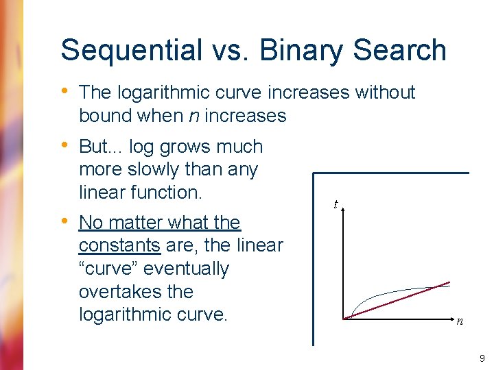 Sequential vs. Binary Search • The logarithmic curve increases without bound when n increases