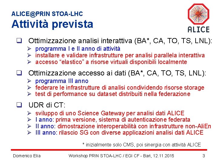 ALICE@PRIN STOA-LHC Attività prevista q Ottimizzazione analisi interattiva (BA*, CA, TO, TS, LNL): Ø