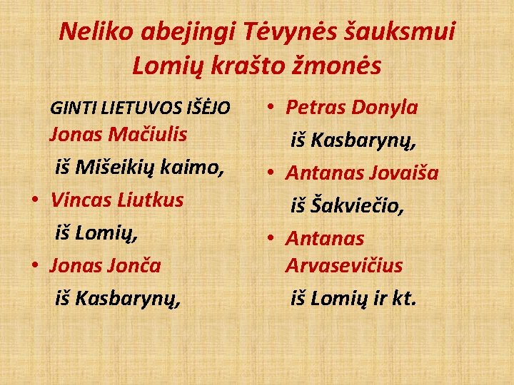 Neliko abejingi Tėvynės šauksmui Lomių krašto žmonės GINTI LIETUVOS IŠĖJO Jonas Mačiulis iš Mišeikių