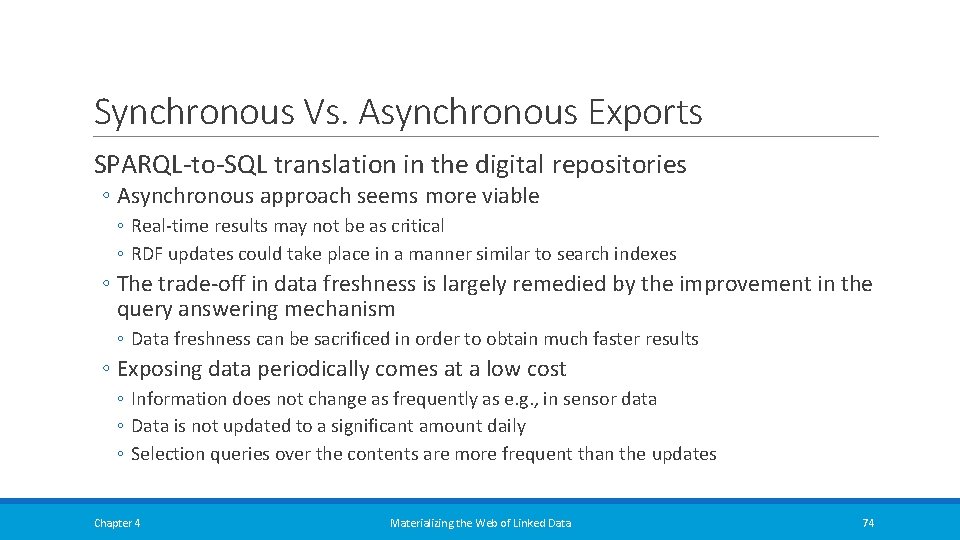 Synchronous Vs. Asynchronous Exports SPARQL-to-SQL translation in the digital repositories ◦ Asynchronous approach seems Synchronous Vs. Asynchronous Exports SPARQL-to-SQL translation in the digital repositories ◦ Asynchronous approach seems