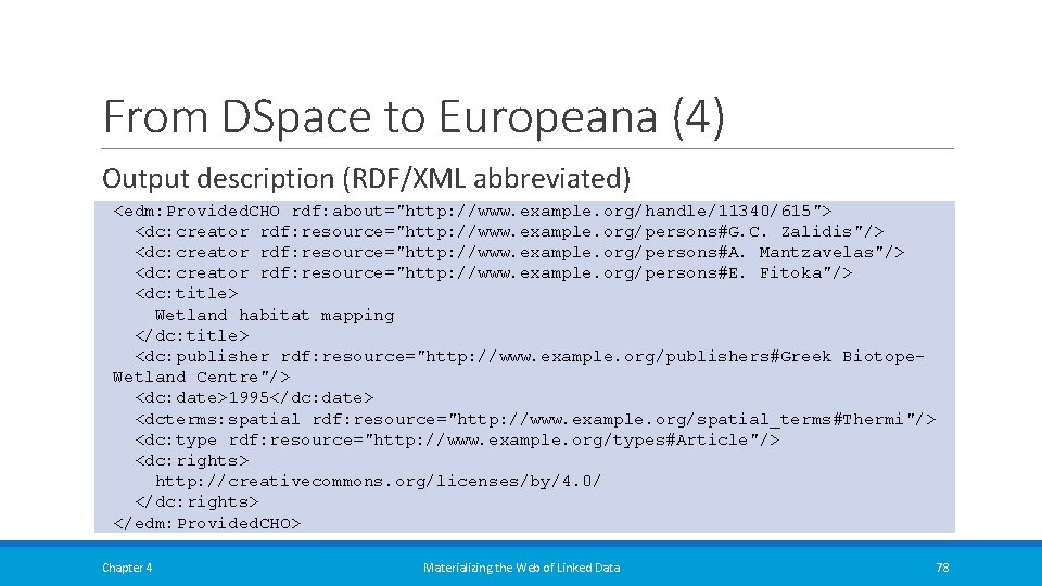 From DSpace to Europeana (4) Output description (RDF/XML abbreviated) <edm: Provided. CHO rdf: about="http: From DSpace to Europeana (4) Output description (RDF/XML abbreviated) <edm: Provided. CHO rdf: about="http: