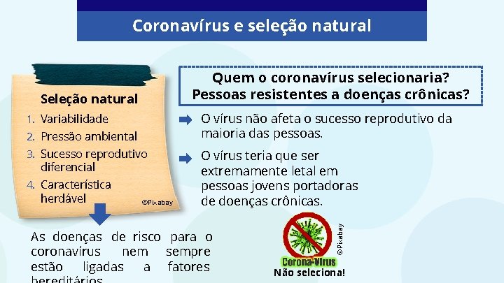 Coronavírus e seleção natural Quem o coronavírus selecionaria? Pessoas resistentes a doenças crônicas? Seleção