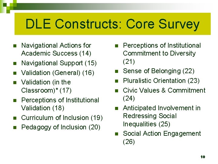 DLE Constructs: Core Survey n n n n Navigational Actions for Academic Success (14)