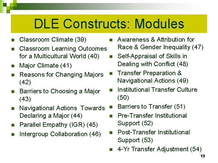DLE Constructs: Modules n n n n Classroom Climate (39) Classroom Learning Outcomes for