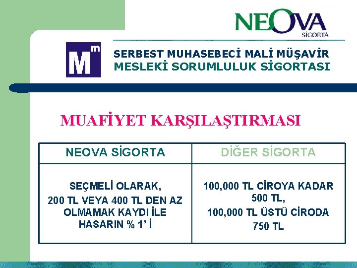 SERBEST MUHASEBECİ MALİ MÜŞAVİR MESLEKİ SORUMLULUK SİGORTASI MUAFİYET KARŞILAŞTIRMASI NEOVA SİGORTA DİĞER SİGORTA SEÇMELİ