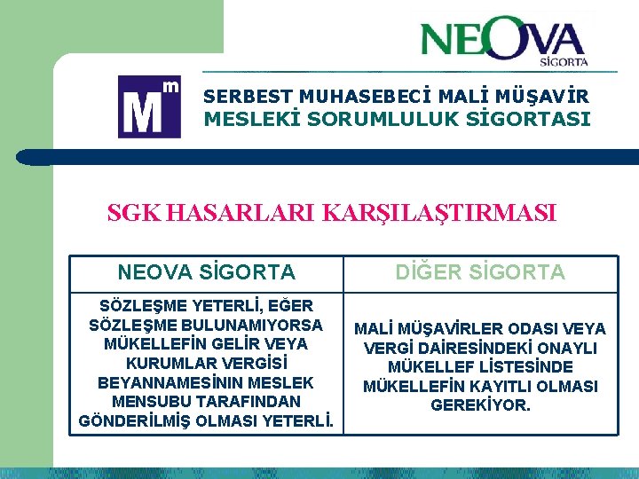 SERBEST MUHASEBECİ MALİ MÜŞAVİR MESLEKİ SORUMLULUK SİGORTASI SGK HASARLARI KARŞILAŞTIRMASI NEOVA SİGORTA DİĞER SİGORTA