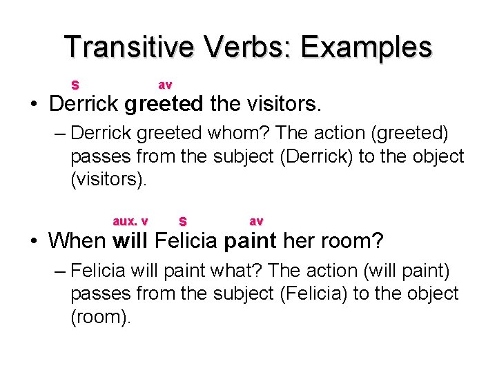 Transitive Verbs: Examples av S • Derrick greeted the visitors. – Derrick greeted whom?