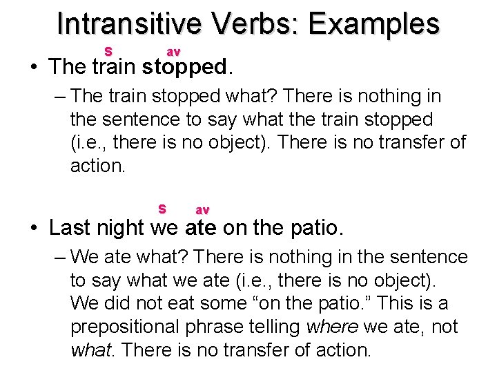 Intransitive Verbs: Examples S av • The train stopped. – The train stopped what?
