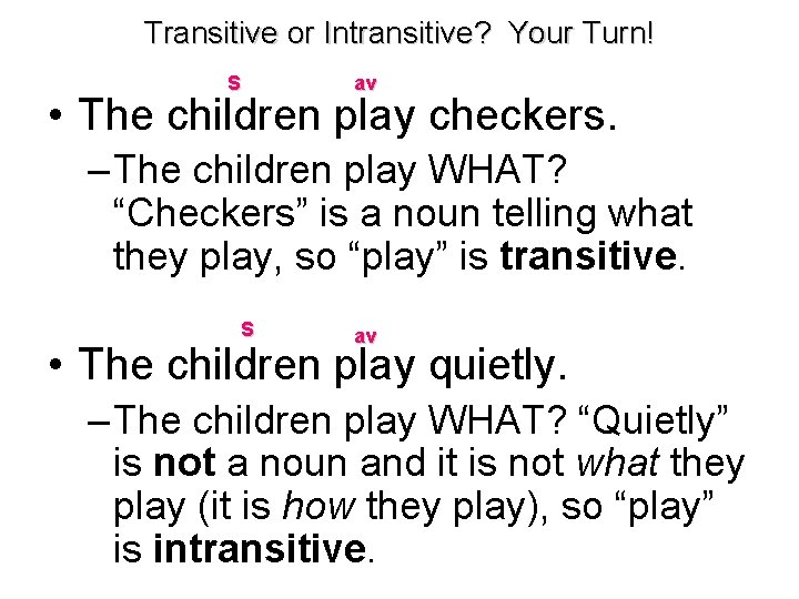 Transitive or Intransitive? Your Turn! S av • The children play checkers. – The