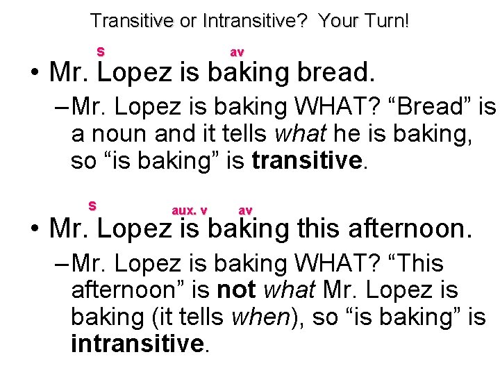 Transitive or Intransitive? Your Turn! S av • Mr. Lopez is baking bread. –