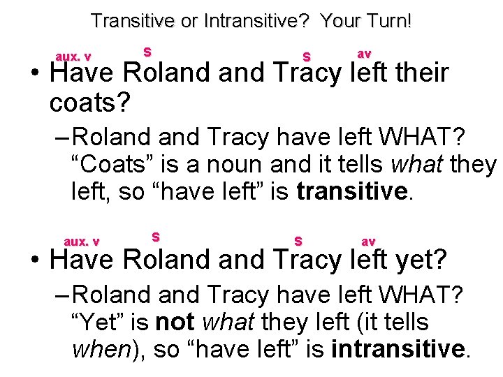 Transitive or Intransitive? Your Turn! aux. v S S av • Have Roland Tracy
