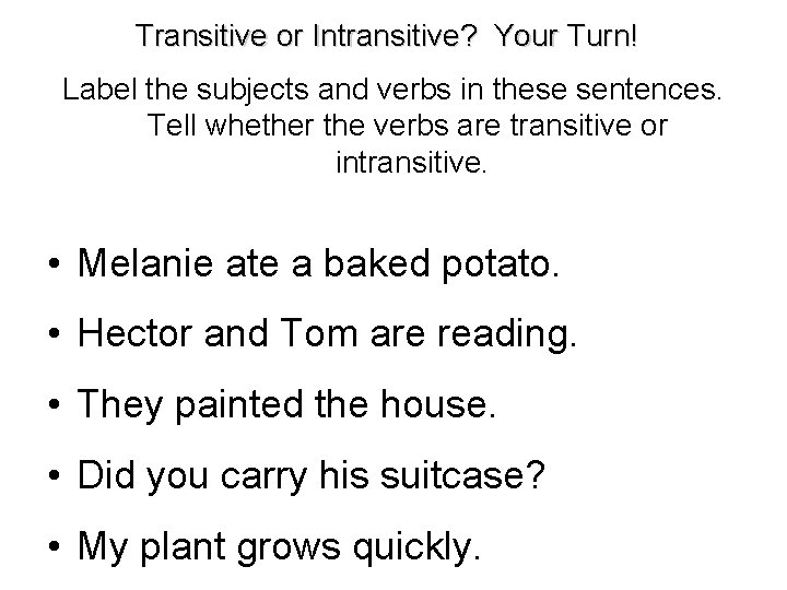 Transitive or Intransitive? Your Turn! Label the subjects and verbs in these sentences. Tell