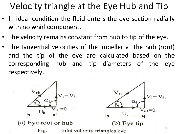 Velocity triangle at the Eye Hub and Tip • In ideal condition the fluid