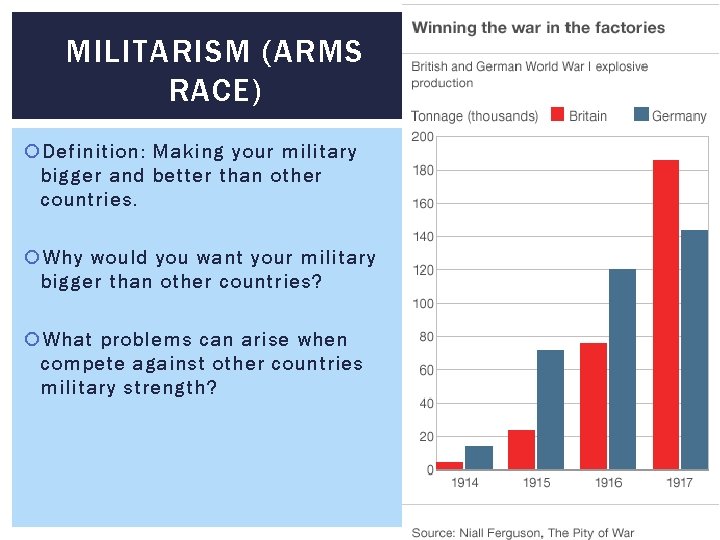 MILITARISM (ARMS RACE) Definition: Making your military bigger and better than other countries. Why