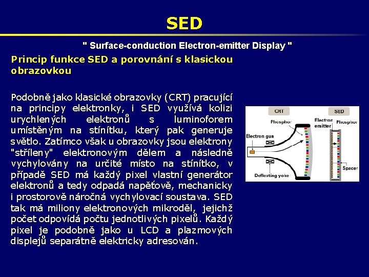 SED " Surface-conduction Electron-emitter Display " Princip funkce SED a porovnání s klasickou obrazovkou SED " Surface-conduction Electron-emitter Display " Princip funkce SED a porovnání s klasickou obrazovkou