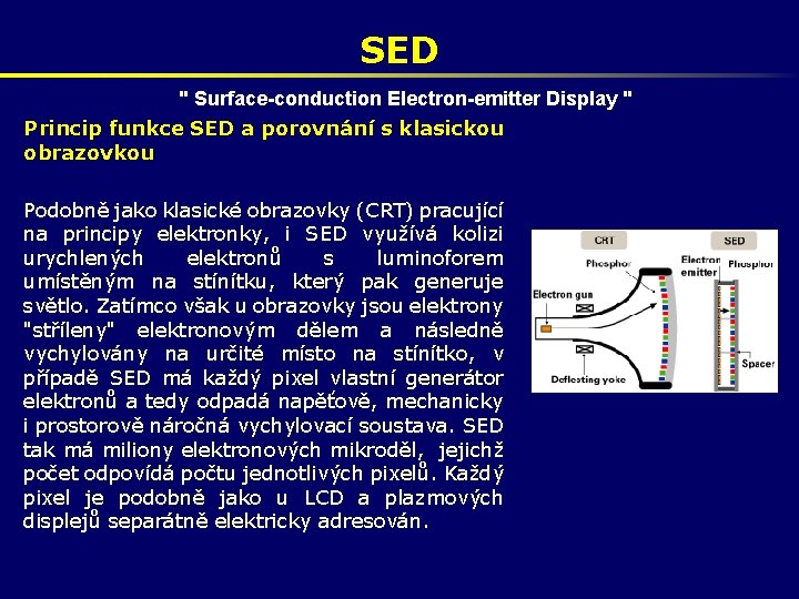 SED " Surface-conduction Electron-emitter Display " Princip funkce SED a porovnání s klasickou obrazovkou