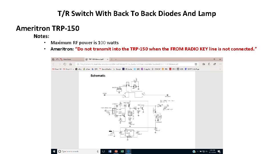 T/R Switch With Back To Back Diodes And Lamp Ameritron TRP-150 Notes: • Maximum T/R Switch With Back To Back Diodes And Lamp Ameritron TRP-150 Notes: • Maximum