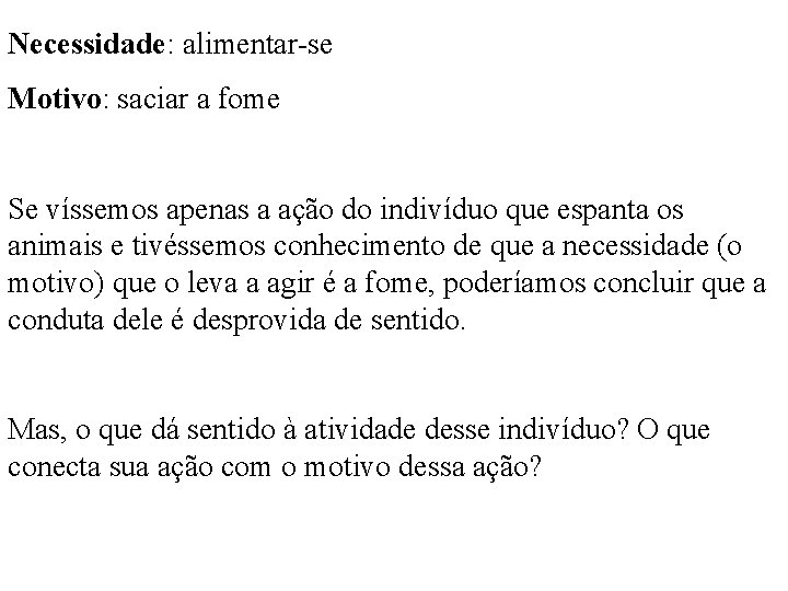 Necessidade: alimentar-se Motivo: saciar a fome Se víssemos apenas a ação do indivíduo que