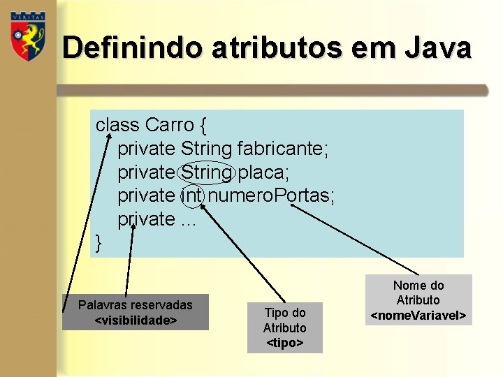 Definindo atributos em Java class Carro { private String fabricante; private String placa; private Definindo atributos em Java class Carro { private String fabricante; private String placa; private