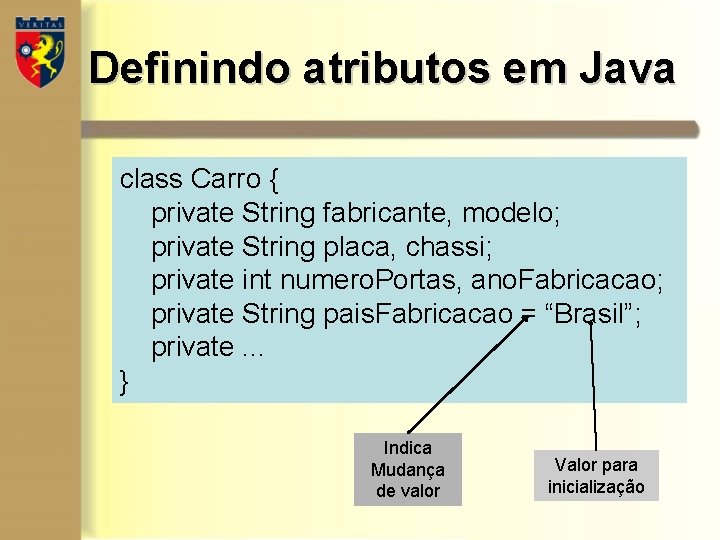 Definindo atributos em Java class Carro { private String fabricante, modelo; private String placa, Definindo atributos em Java class Carro { private String fabricante, modelo; private String placa,