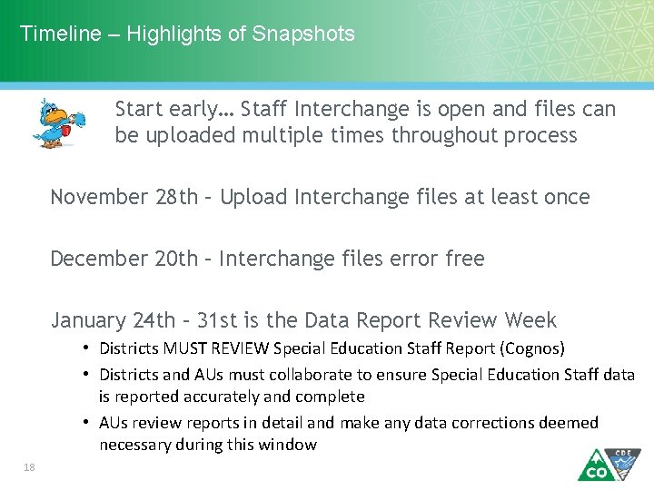 Timeline – Highlights of Snapshots Start early… Staff Interchange is open and files can