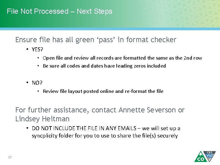 File Not Processed – Next Steps Ensure file has all green ‘pass’ in format