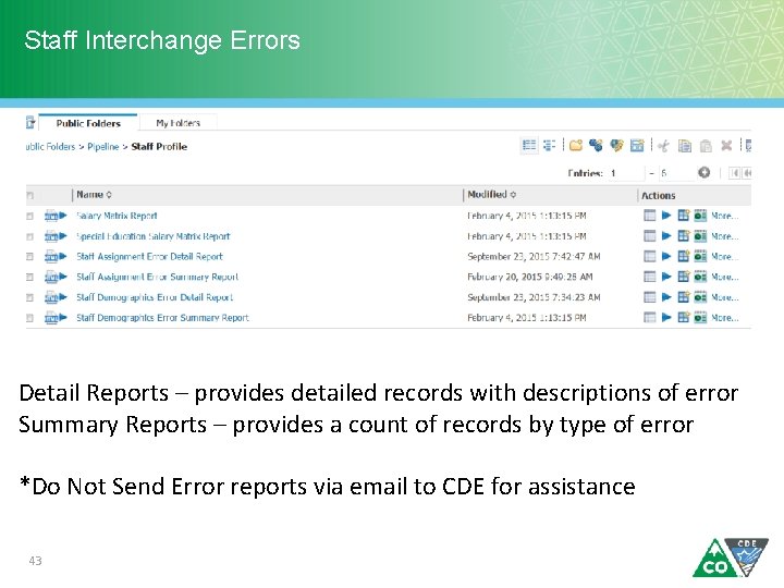 Staff Interchange Errors Detail Reports – provides detailed records with descriptions of error Summary