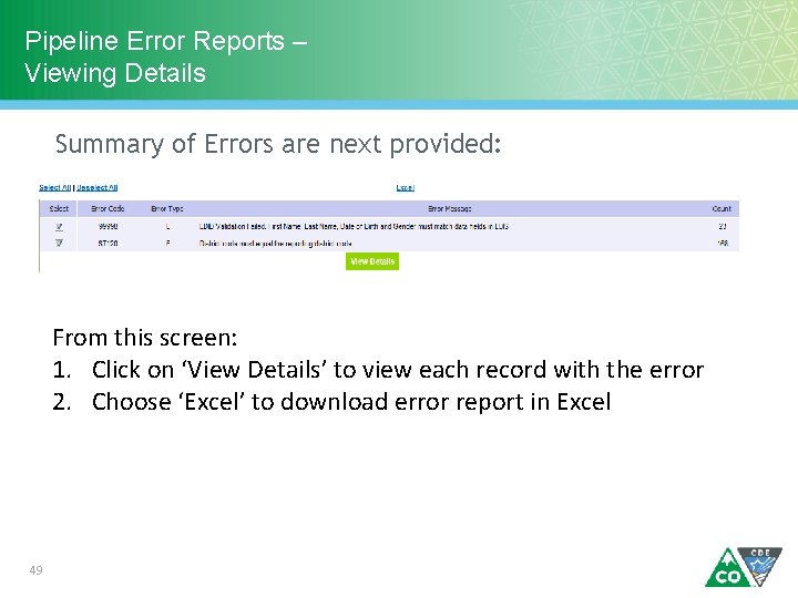 Pipeline Error Reports – Viewing Details Summary of Errors are next provided: From this