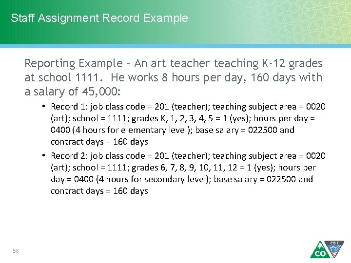 Staff Assignment Record Example Reporting Example – An art teacher teaching K-12 grades at