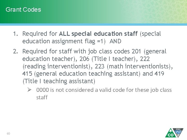 Grant Codes 1. Required for ALL special education staff (special education assignment flag =1)