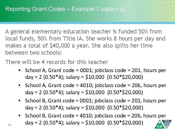 Reporting Grant Codes – Example 3 (option a) A general elementary education teacher is