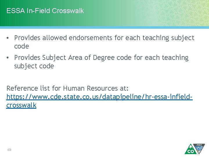 ESSA In-Field Crosswalk • Provides allowed endorsements for each teaching subject code • Provides