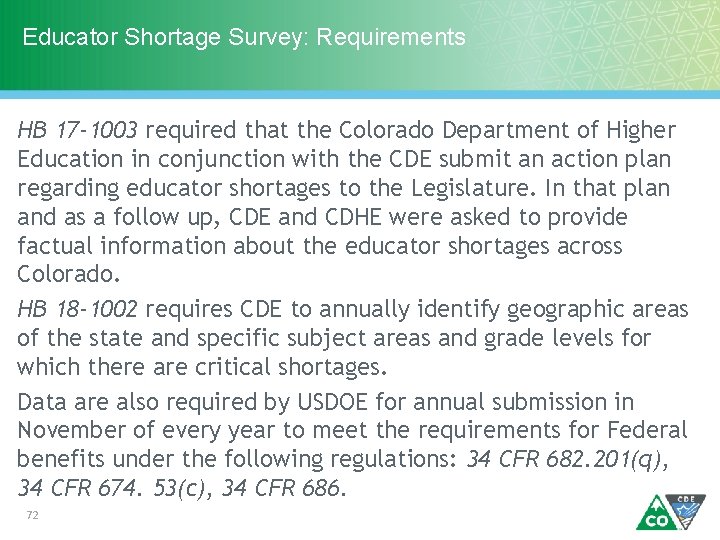 Educator Shortage Survey: Requirements HB 17 -1003 required that the Colorado Department of Higher