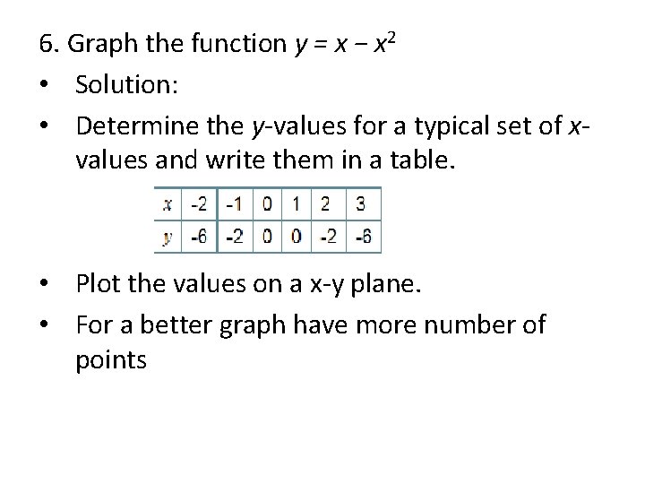 6. Graph the function y = x − x 2 • Solution: • Determine