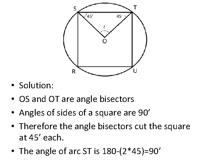 Solution: OS and OT are angle bisectors Angles of sides of a square 90’