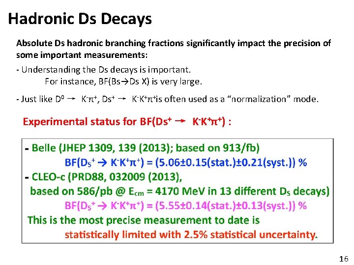 Hadronic Ds Decays Absolute Ds hadronic branching fractions significantly impact the precision of some