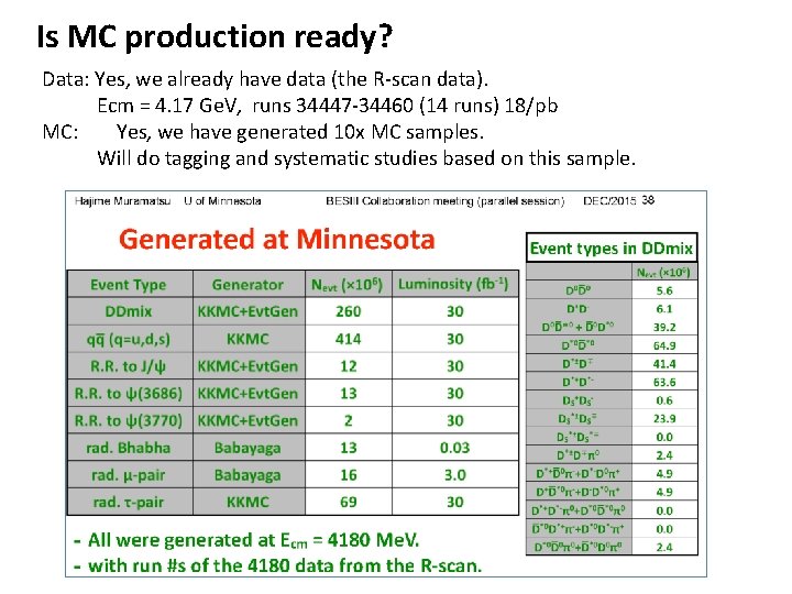 Is MC production ready? Data: Yes, we already have data (the R-scan data). Ecm