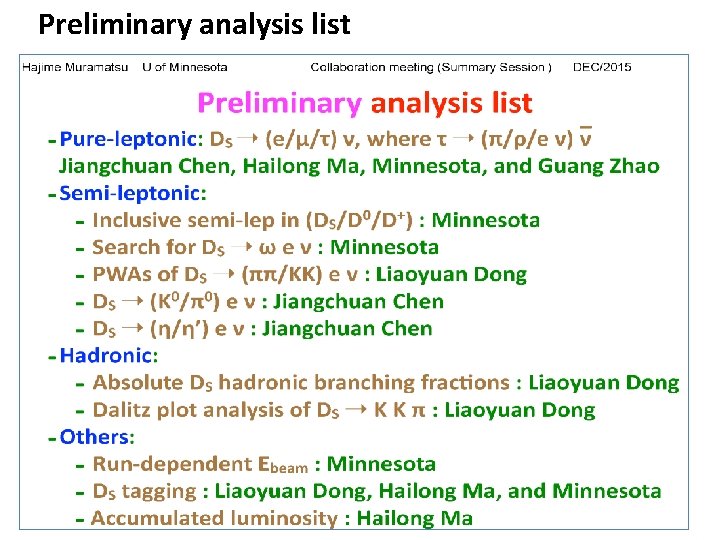Preliminary analysis list 