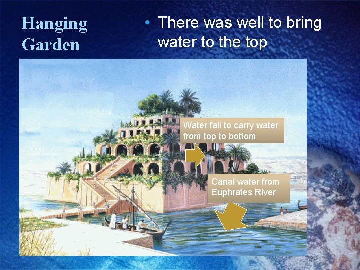 Hanging Garden • There was well to bring water to the top Water fall