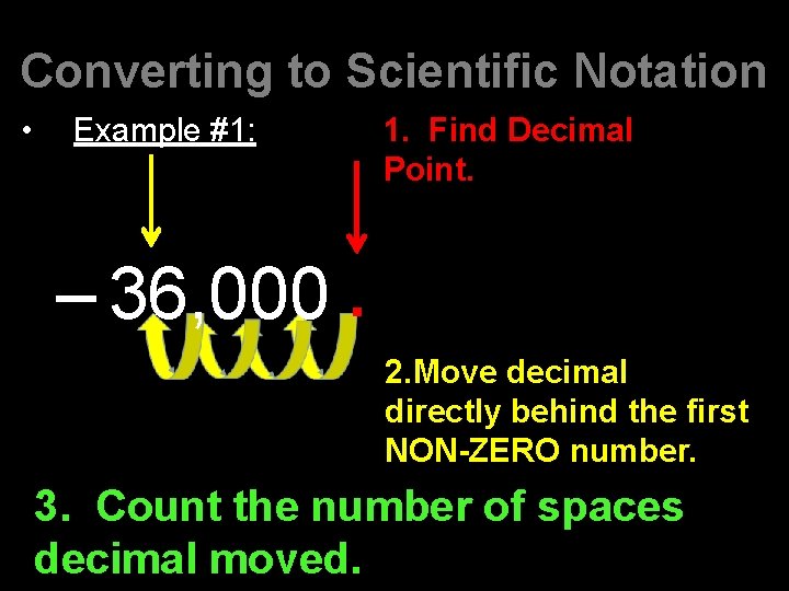 Converting to Scientific Notation • Example #1: 1. Find Decimal Point. – 36, 000.