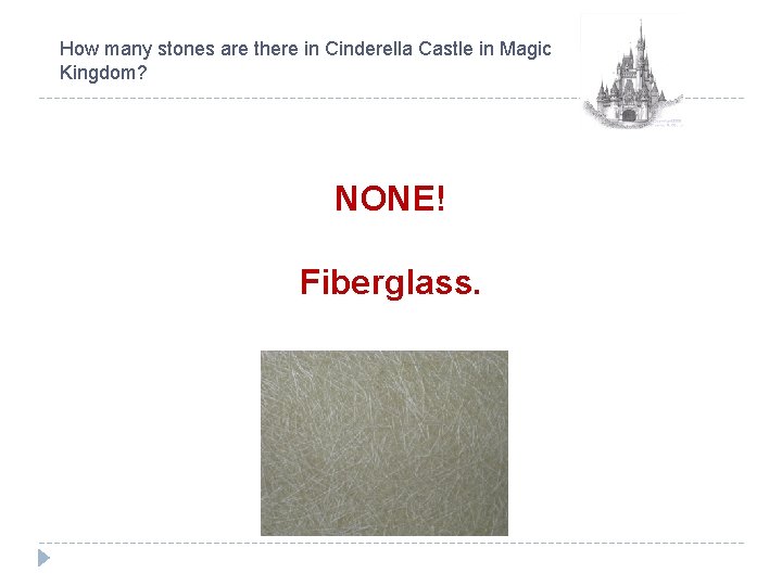 How many stones are there in Cinderella Castle in Magic Kingdom? NONE! Fiberglass. 